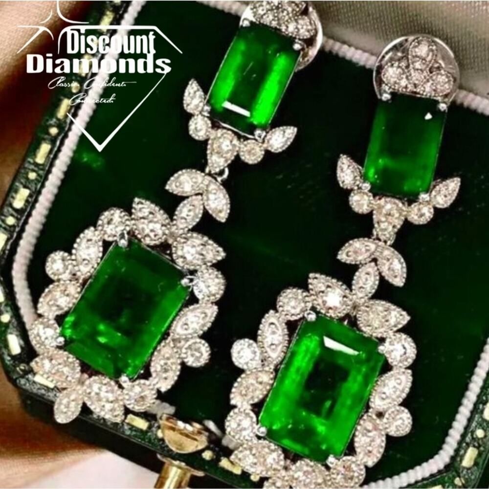 Princess Cut Emerald Drop Stud Earrings Surrounded with White  Baguette Diamonds